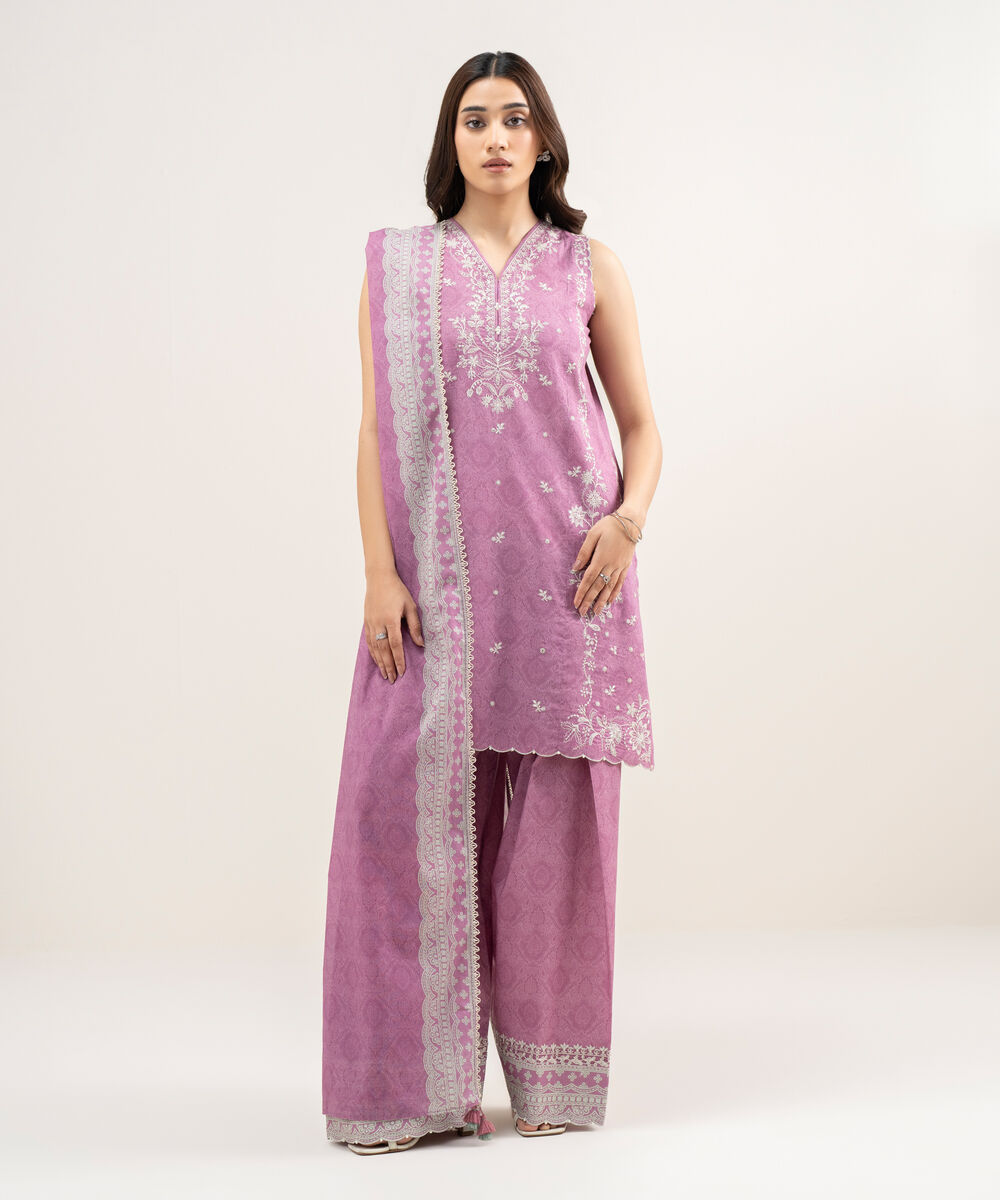 Women's Unstitched Lawn Embroidered Pink 3 Piece Suit