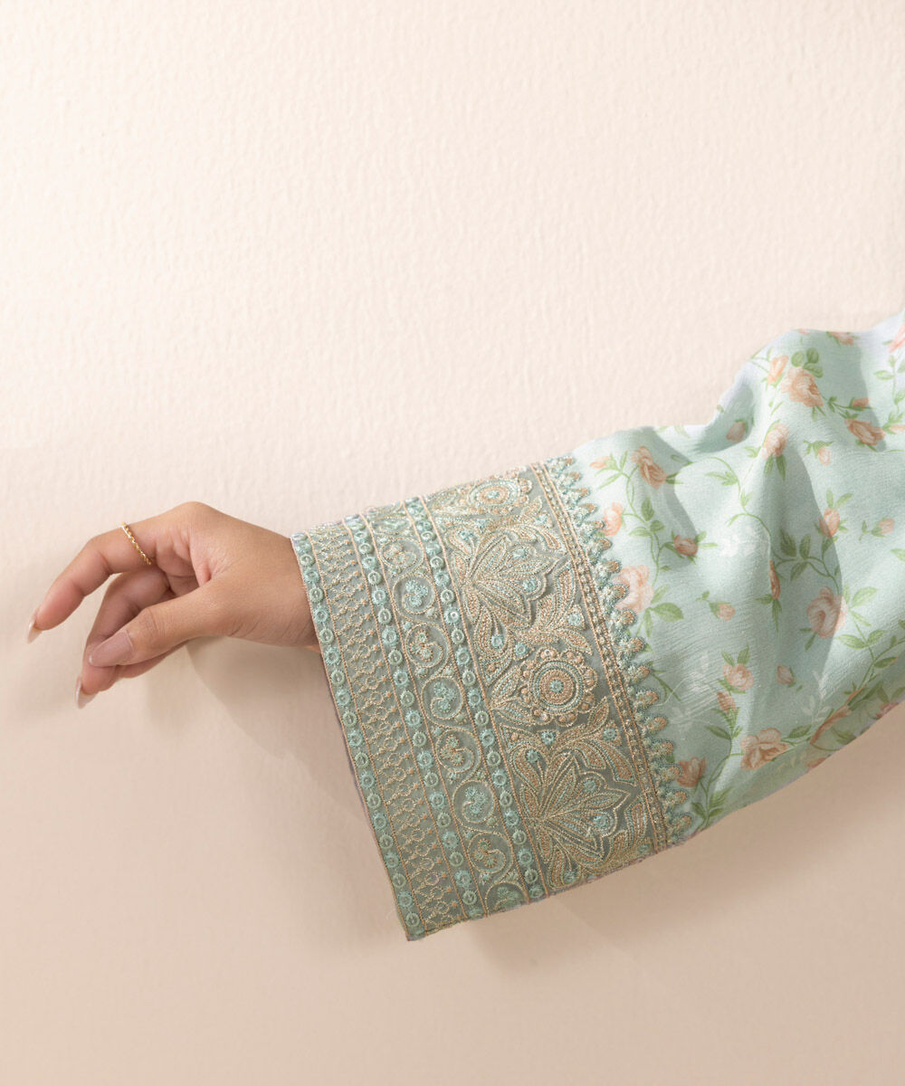 Unstitched Women's Embroidered Viscose Chiffon Green Three Piece Suit