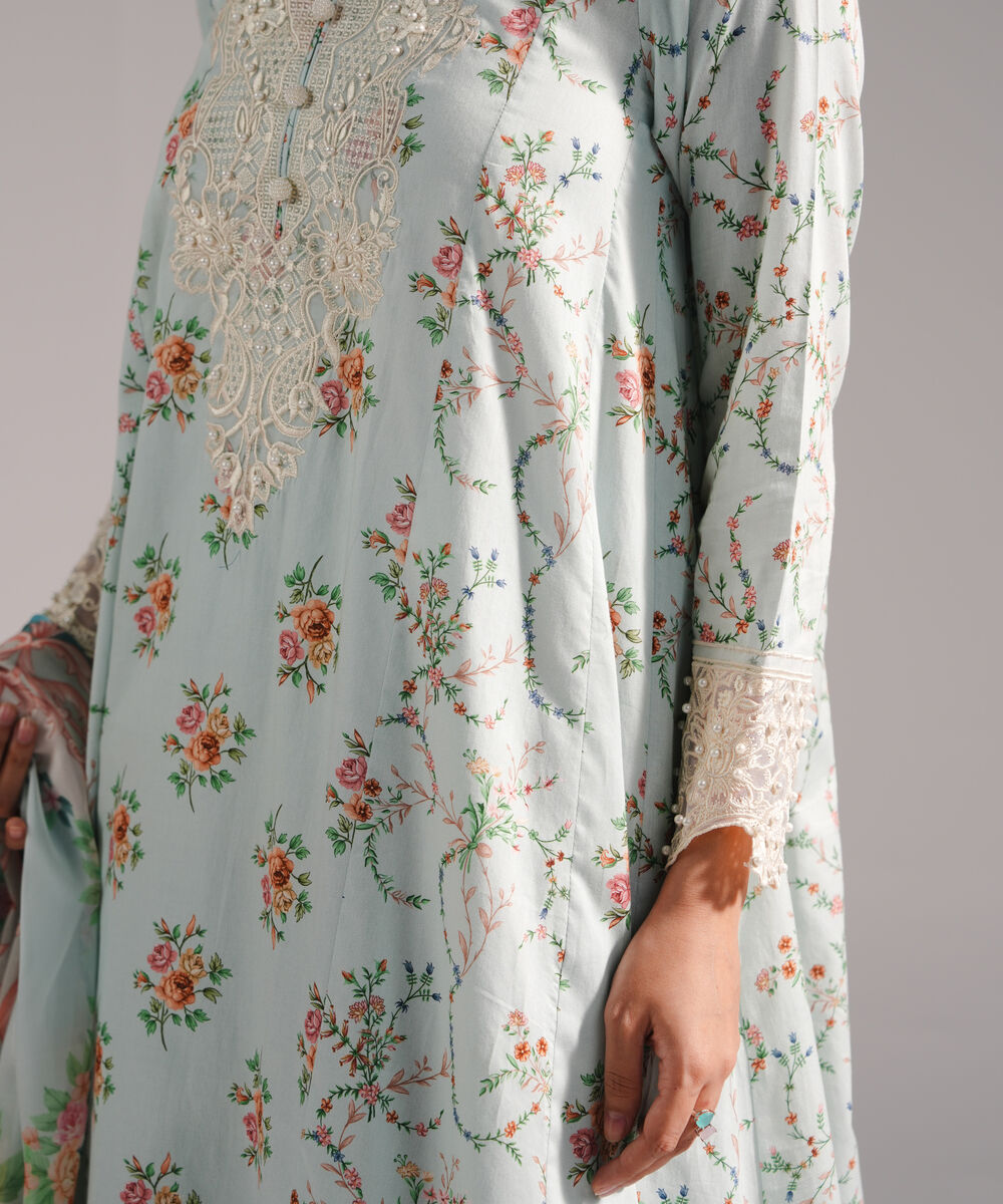 Women's RTW Cotton Satin Embroidered Light Blue 3 Piece Suit