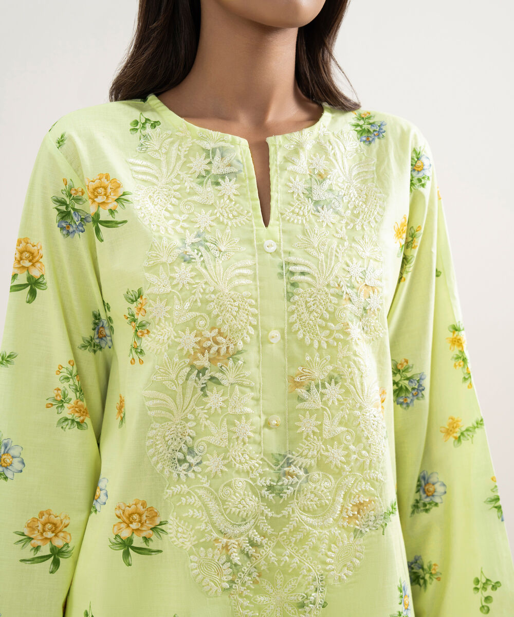 Women's RTW Cambric Embroidered Mint Green Straight Shirt