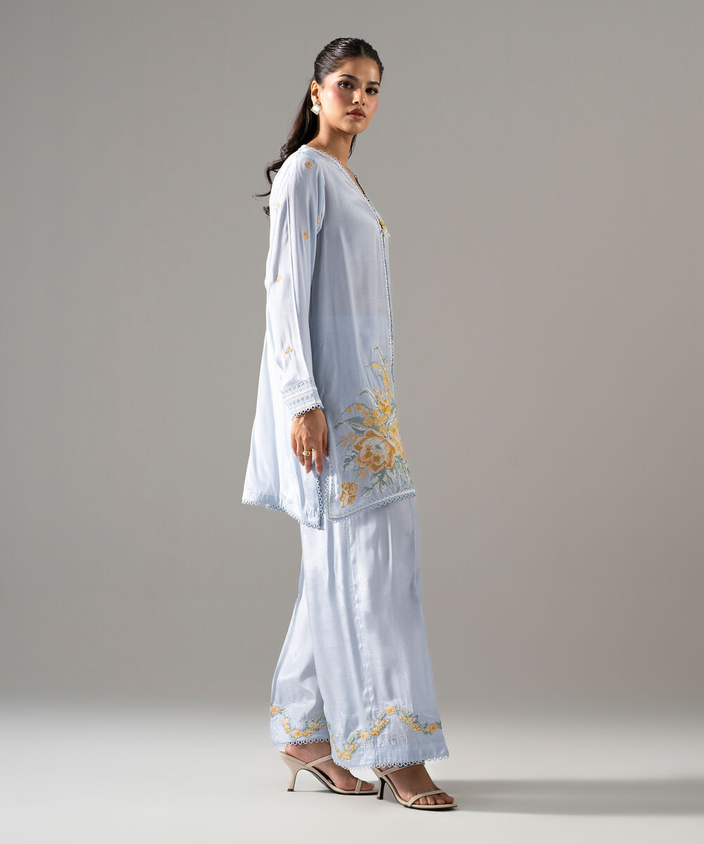 Women's RTW Thai Silk Solid Embroidered Blue 2 Piece Suit