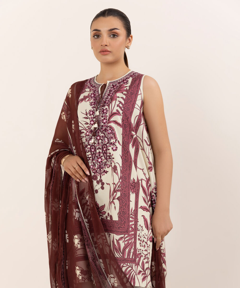 Women's Unstitched Cotton Embroidered Multi Three Piece Suit