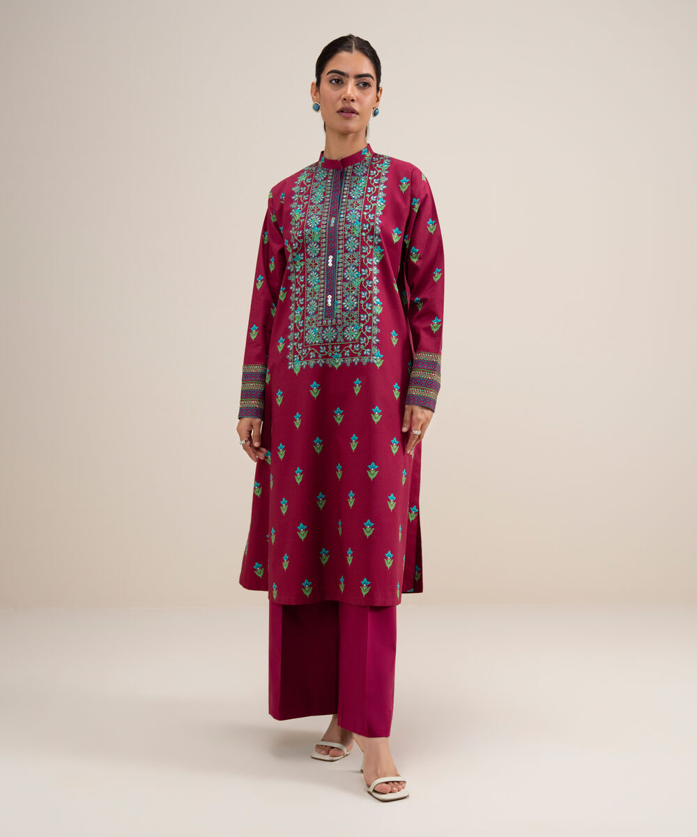 Women's Unstitched Lawn Embroidered Red 2 Piece Suit