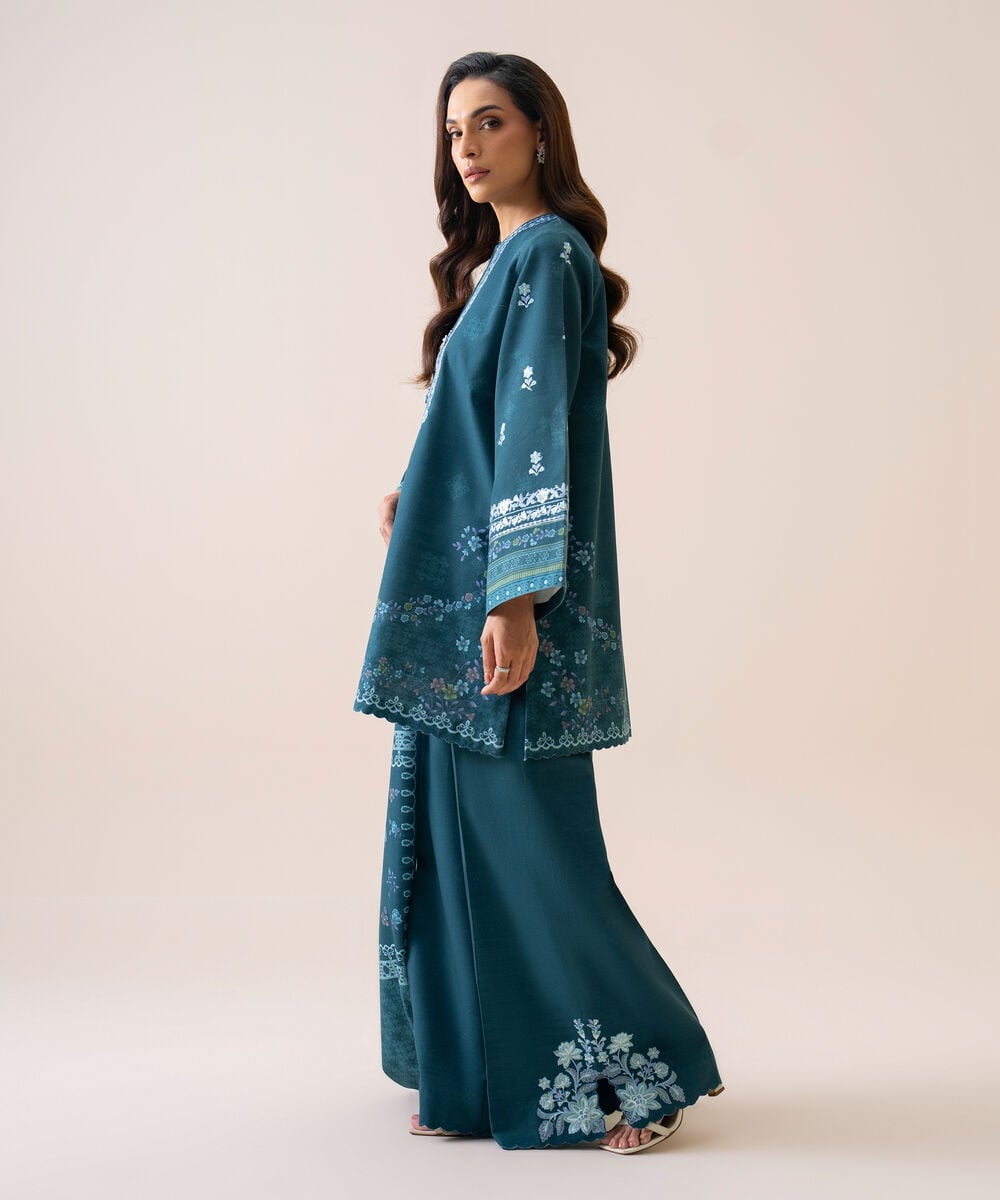 Women's Unstitched Light Khaddar Embroidered Teal Blue 3 Piece Suit