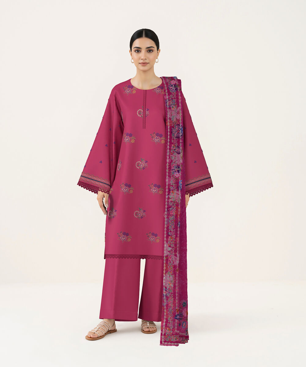 Women's Unstitched Lawn Pink Embroidered 3 Piece Suit