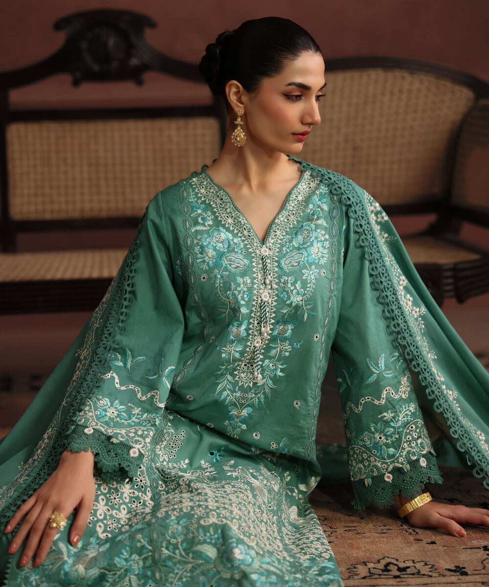 Women's RTW Self Jacquard Solid Embroidered Sand Green 3 Piece Suit