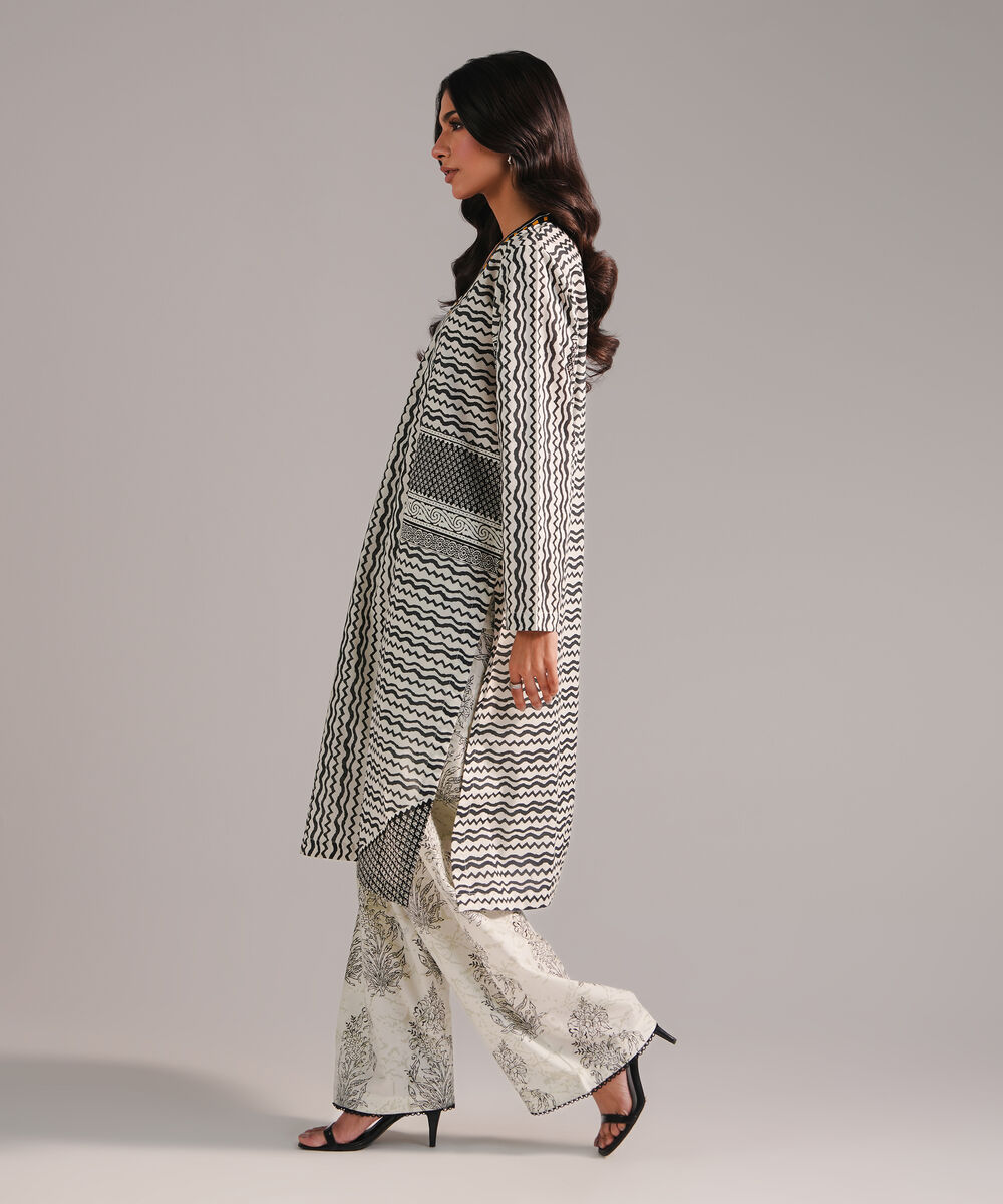 Women's RTW Slub Lawn Printed Off White Straight Shirt