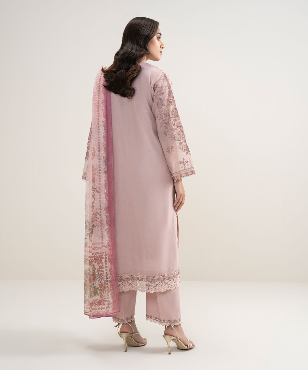 Women's Unstitched Blended Viscose Khaddi Net Embroidered Pink 3 Piece Suit