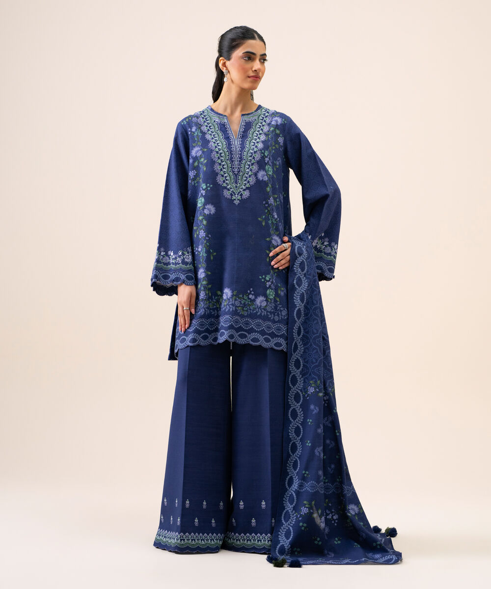 Women's Unstitched Light Khaddar Embroidered Dark Blue 3 Piece Suit