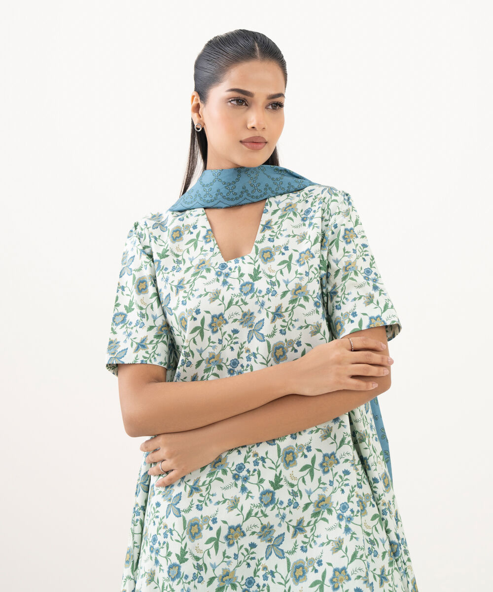 Women's Unstitched Cotton Printed Off White Three Piece Suit