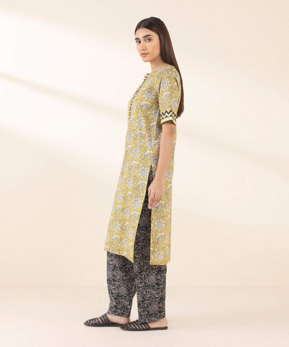 Women's Unstitched Yellow Cotton 2 Piece Suit