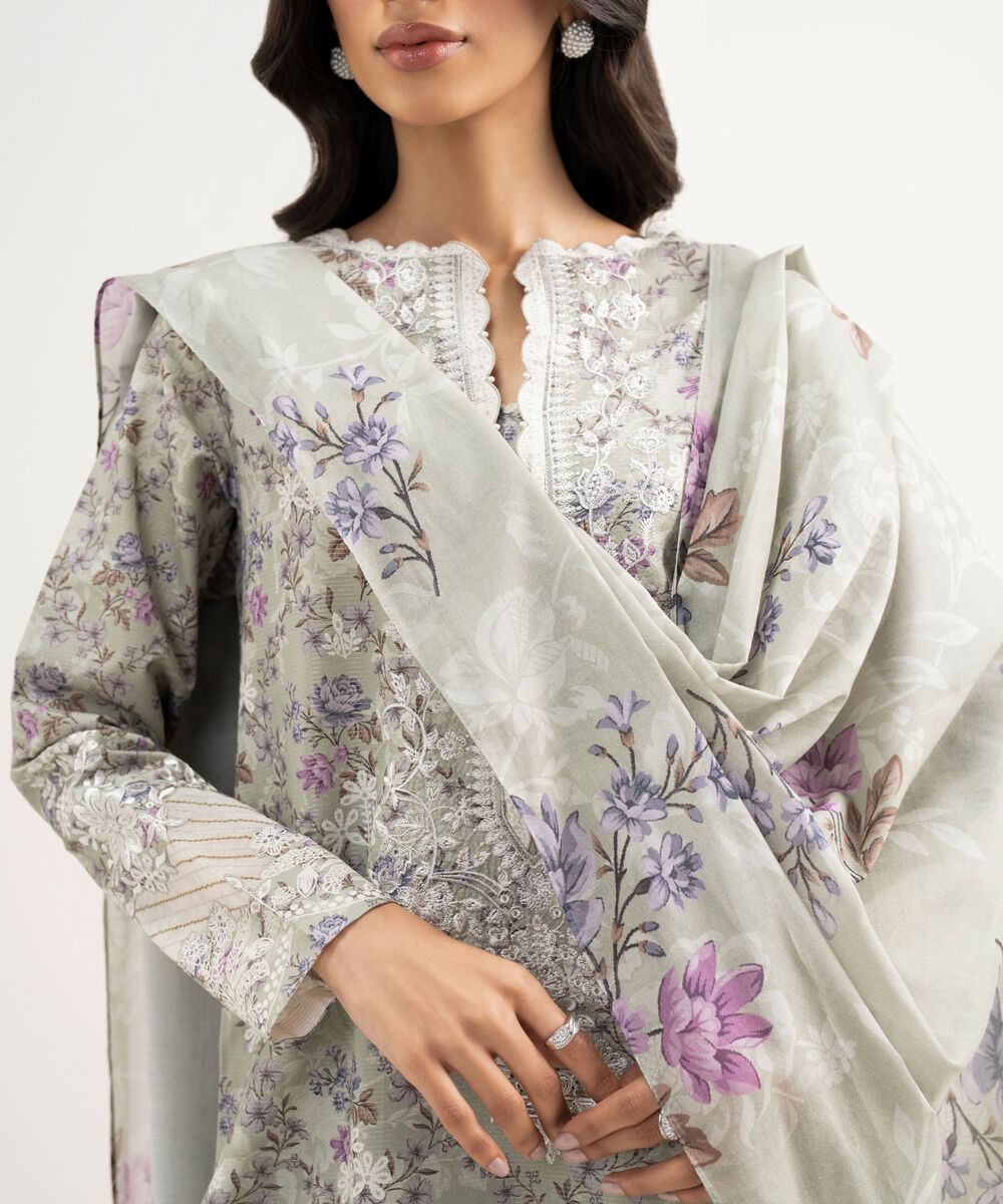 Women's Unstitched Zari Lawn Embroidered Grey 3 Piece Suit