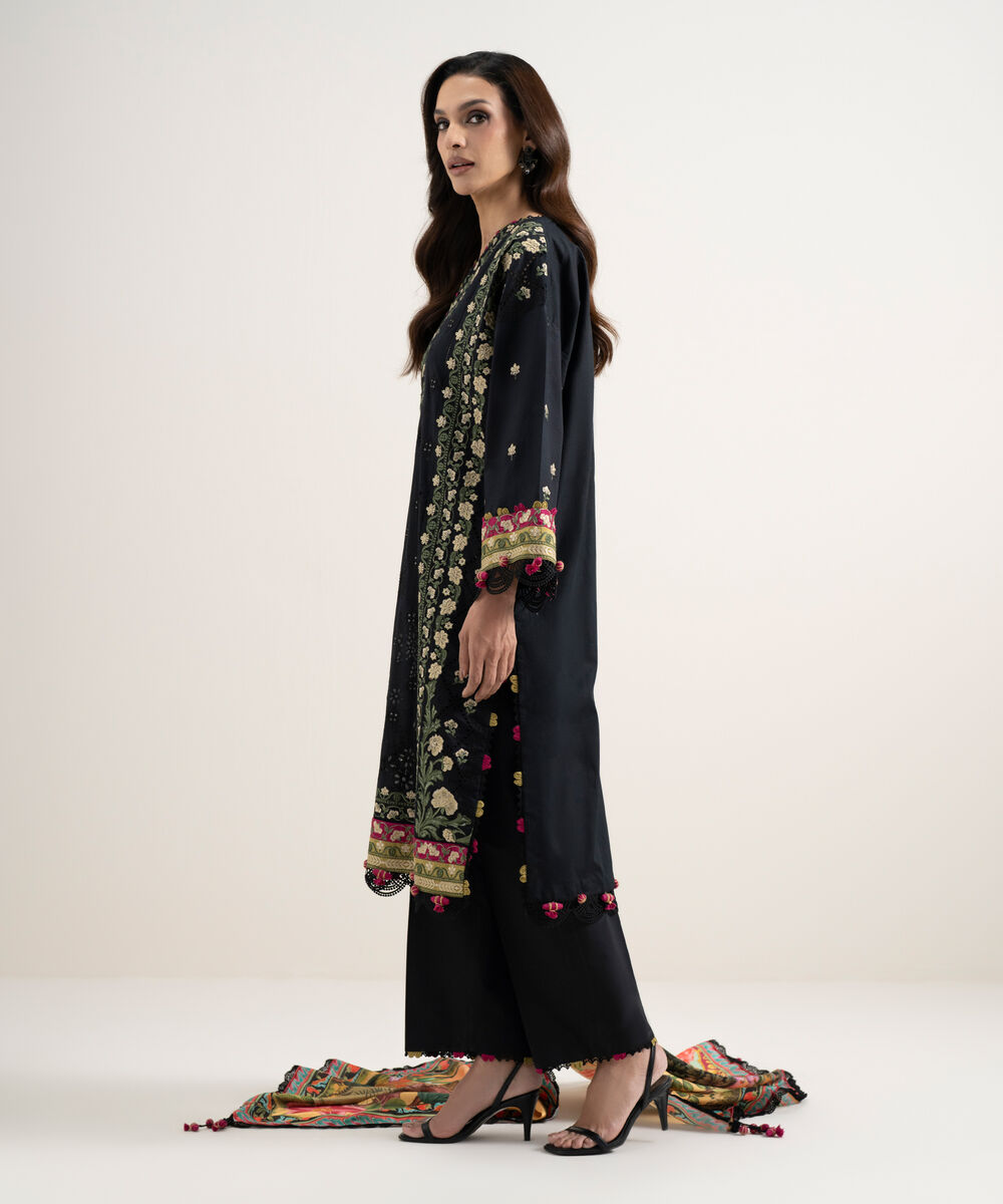 Women's Unstitched Lawn Embroidered Black 3 Piece Suit