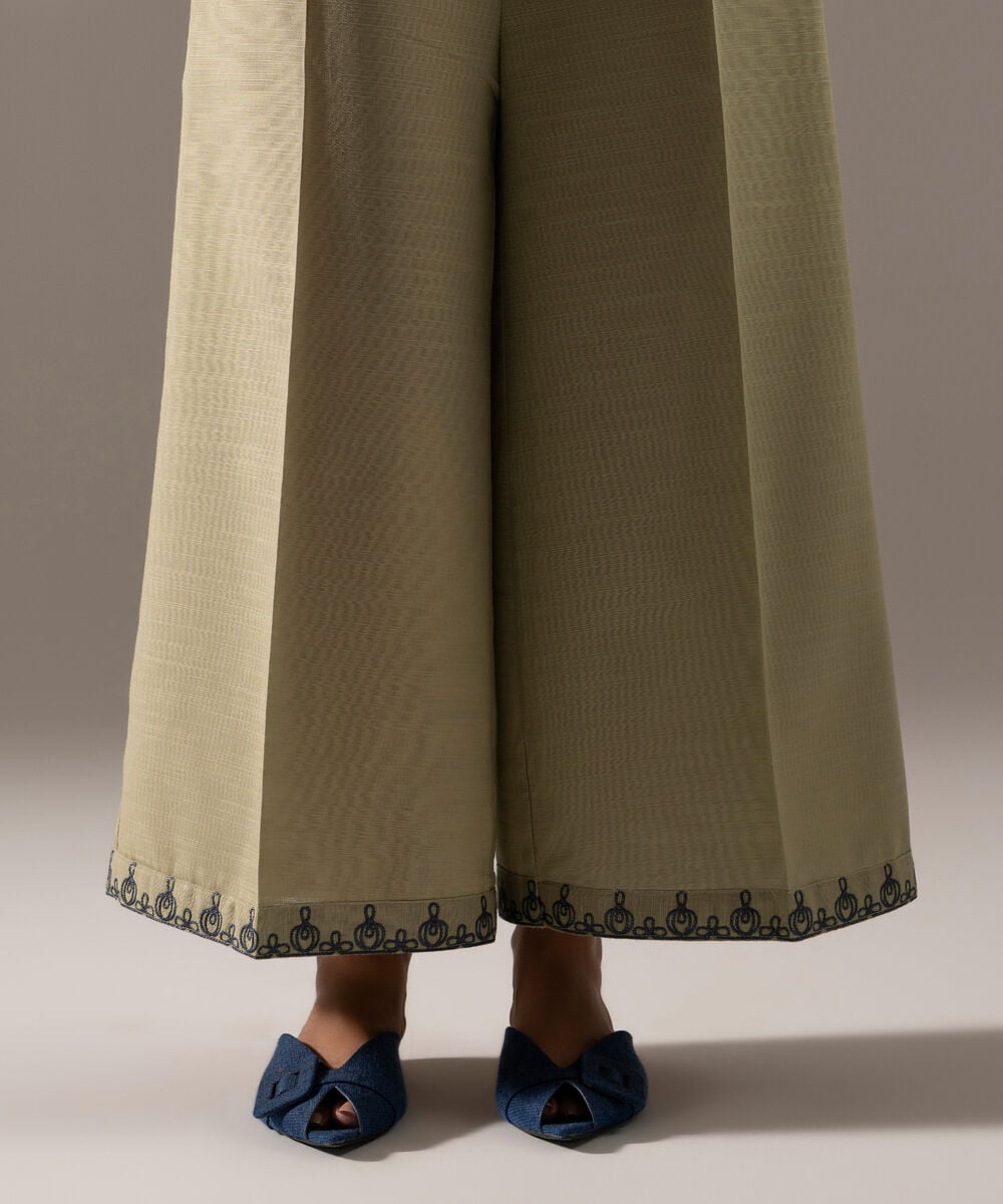 Women's RTW Khaddar Solid Green Flared Pants
