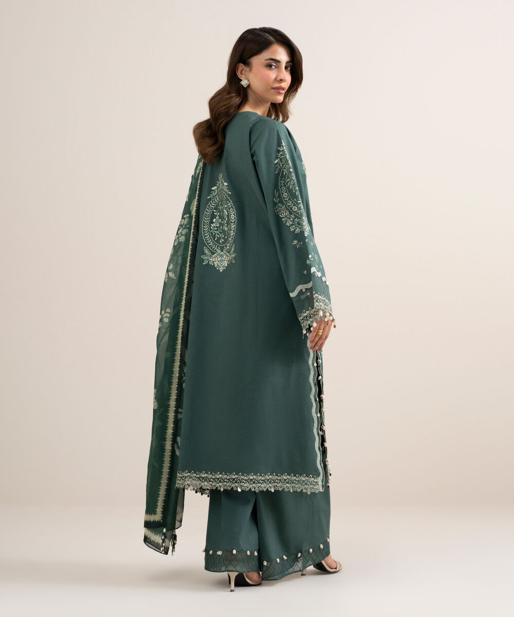 Women's Unstitched Dobby Embroidered Green 3 Piece Suit