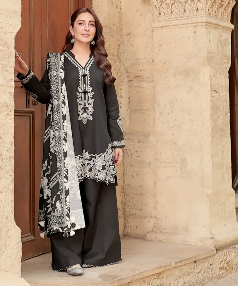 Women's Unstitched Basic Khaddar Embroidered Black 3 Piece Suit