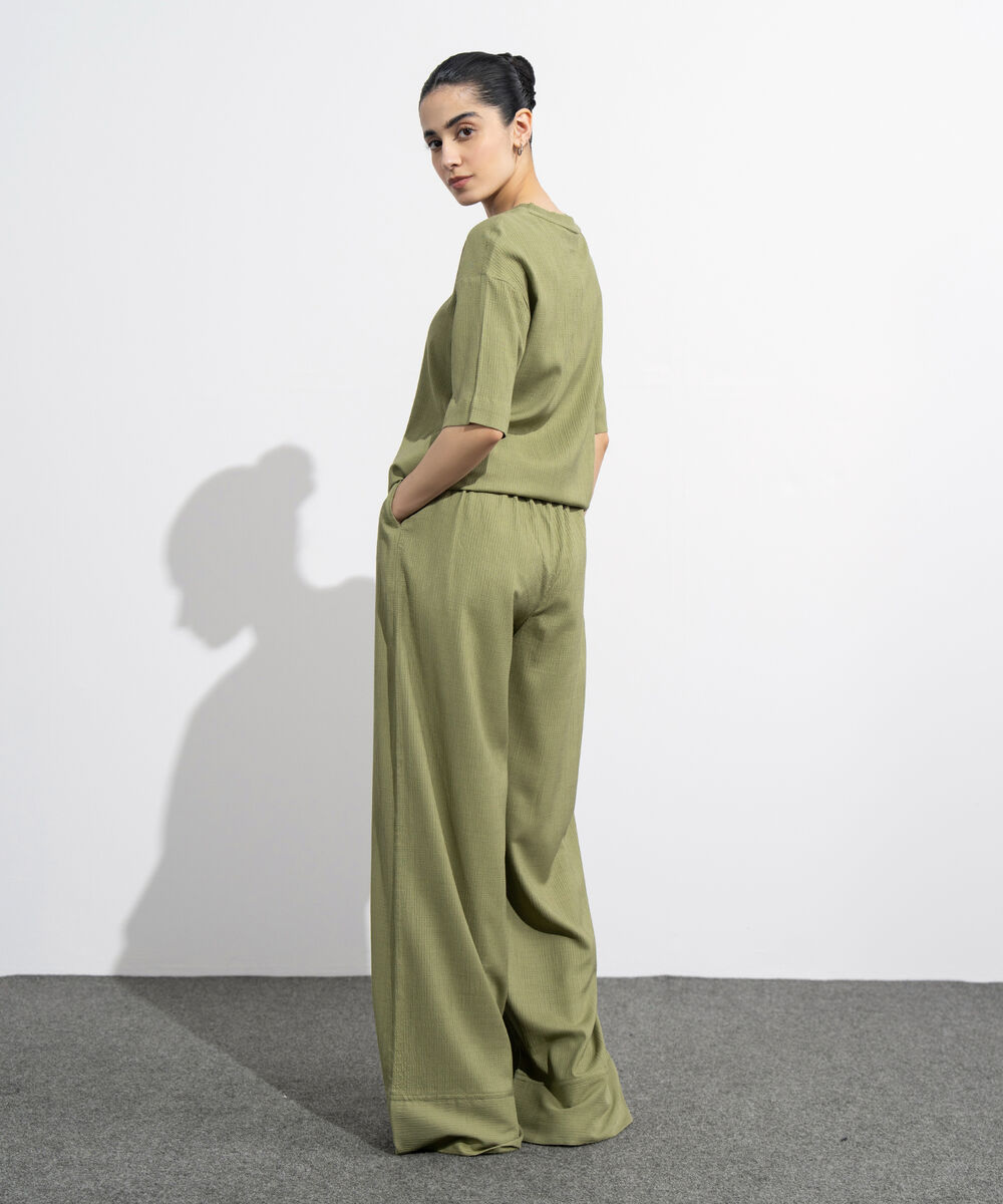Women's Western Wear Green Seersucker Wide Leg Trousers