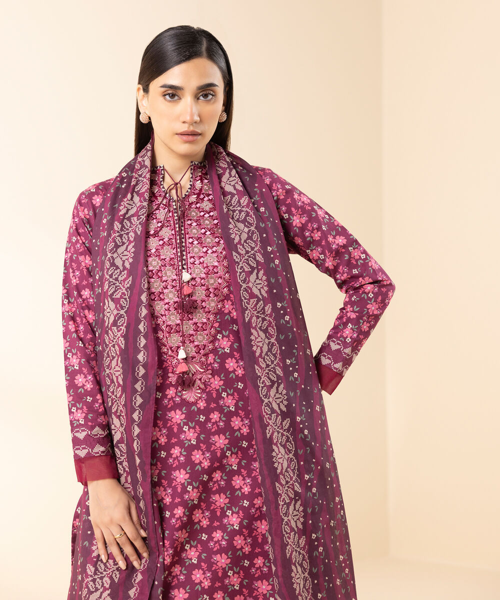 Women's Unstitched Lawn Embroidered Pink 3 Piece Suit