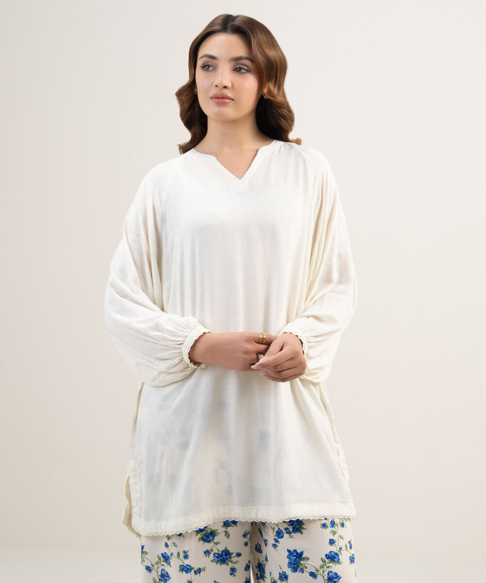 Women's RTW Arabic Self Jacquard Solid Cream White Drop Shoulder Shirt