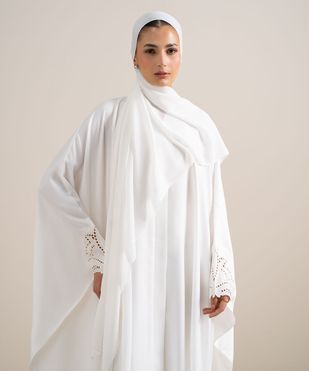 Women's White Embroidered Kaftan Abaya Set