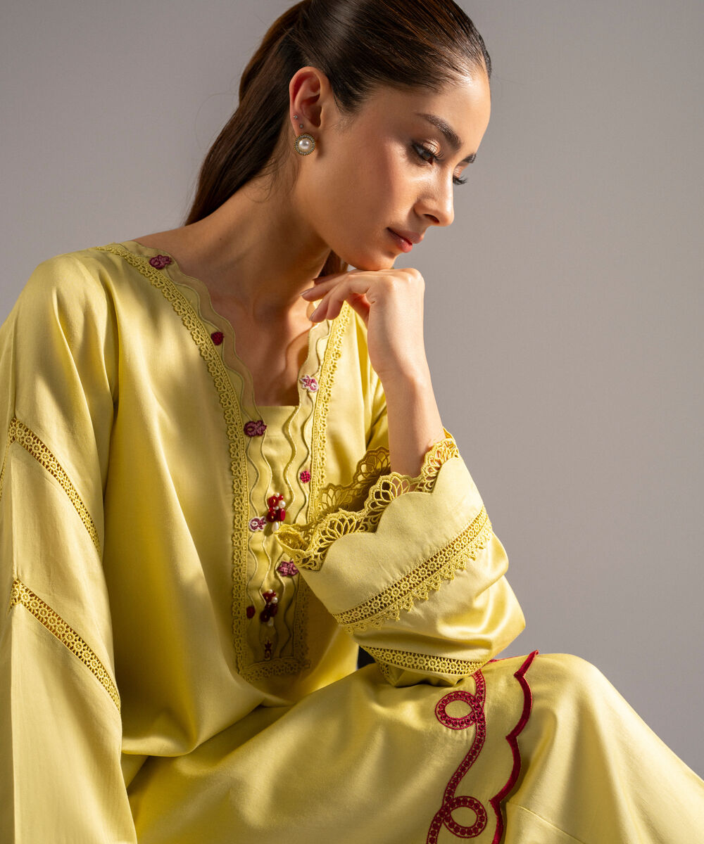 Women's RTW Cotton Satin Embroidered Lime Yellow 2 Piece Suit
