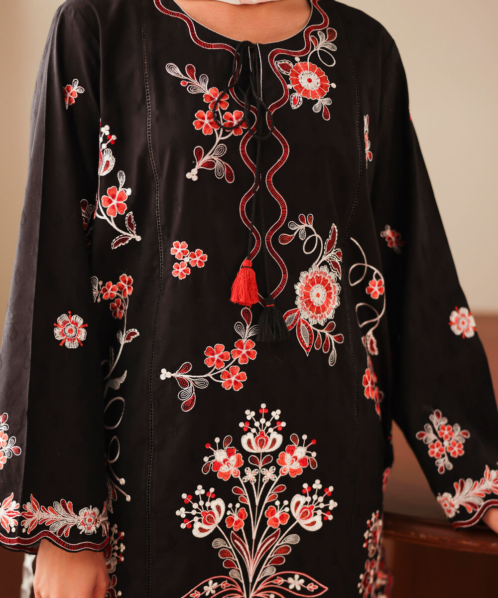 Women's RTW Self Jacquard Embroidered Black Straight Shirt