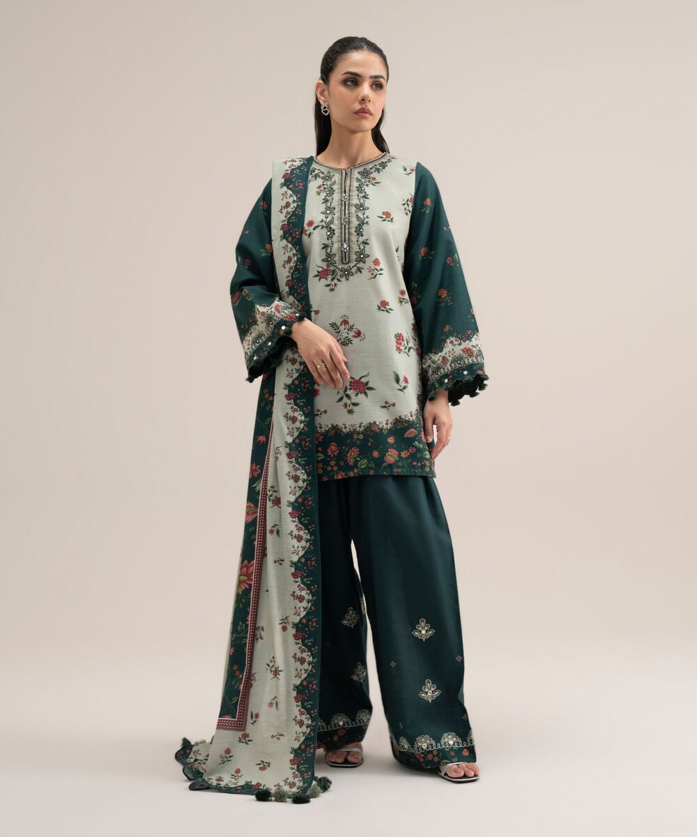 Women's Unstitched Lawn Printed Off White 3 Piece Suit
