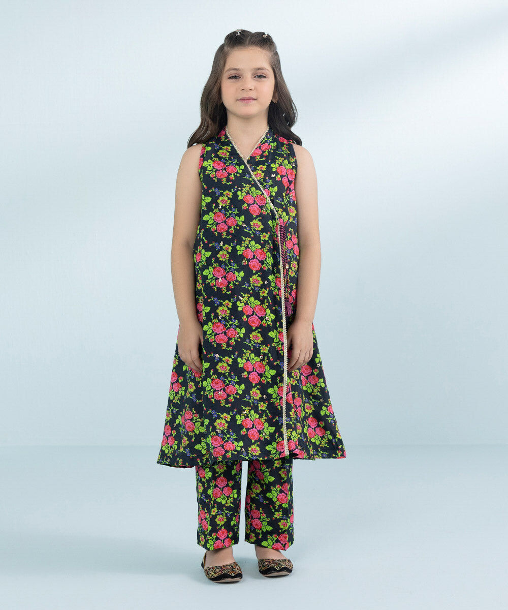 Girls 2 Piece Printed Viscose Raw Silk Suit in Black