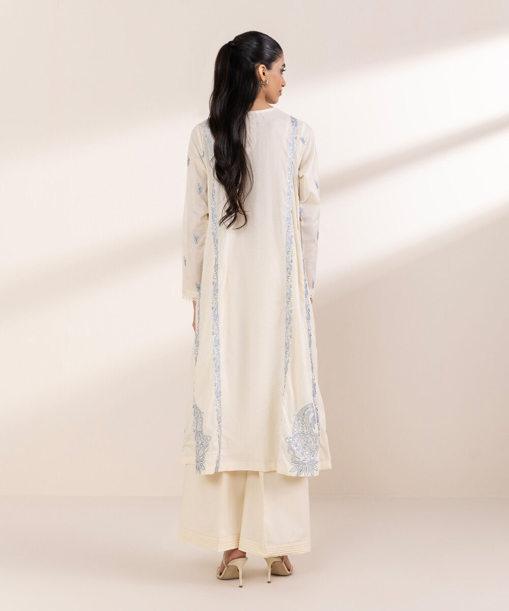 Women's RTW Cotton Jacquard Off White Embroidered A-Line Shirt