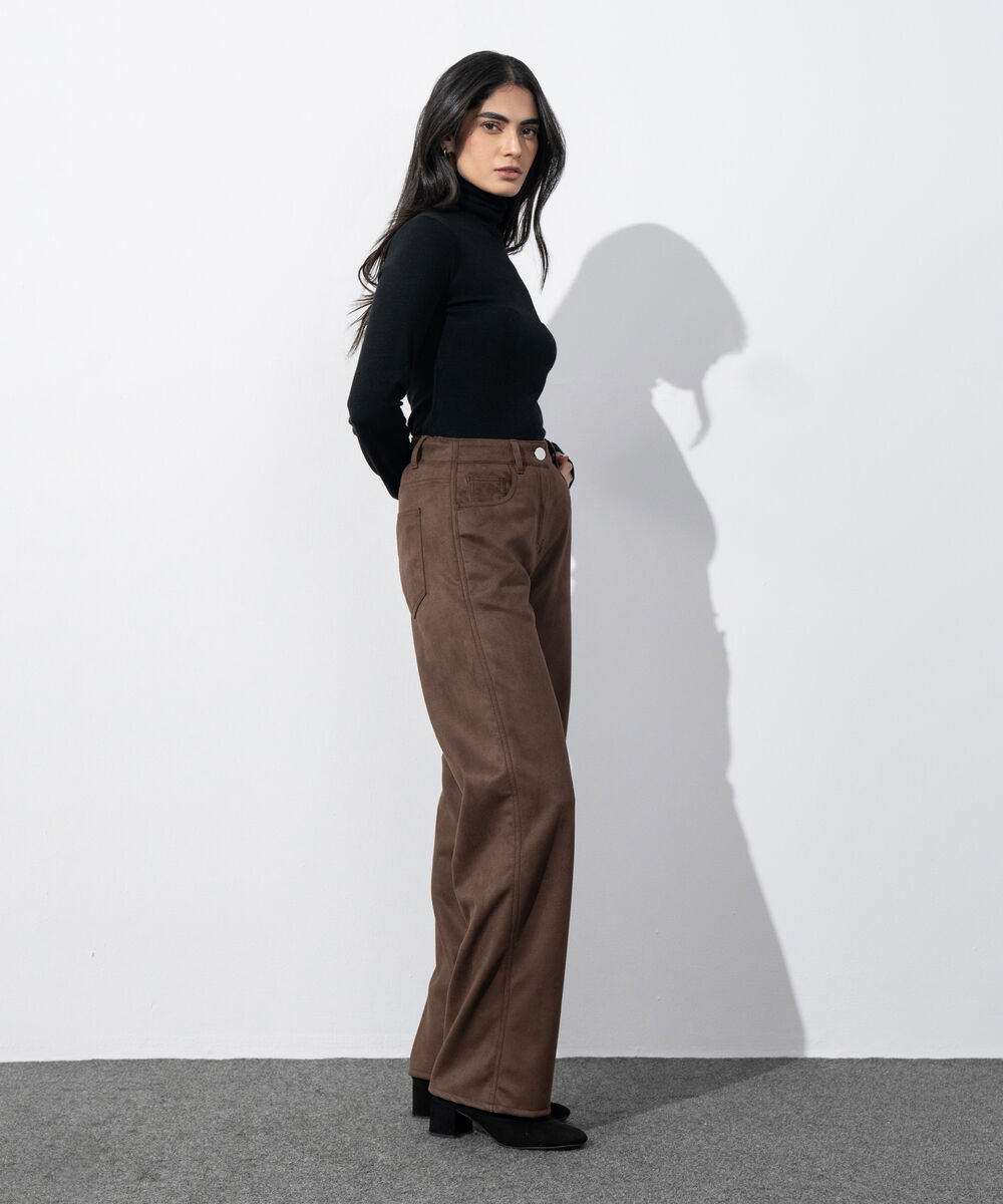 Women's Western Wear Brown Faux Suede Straight-Fit Trousers