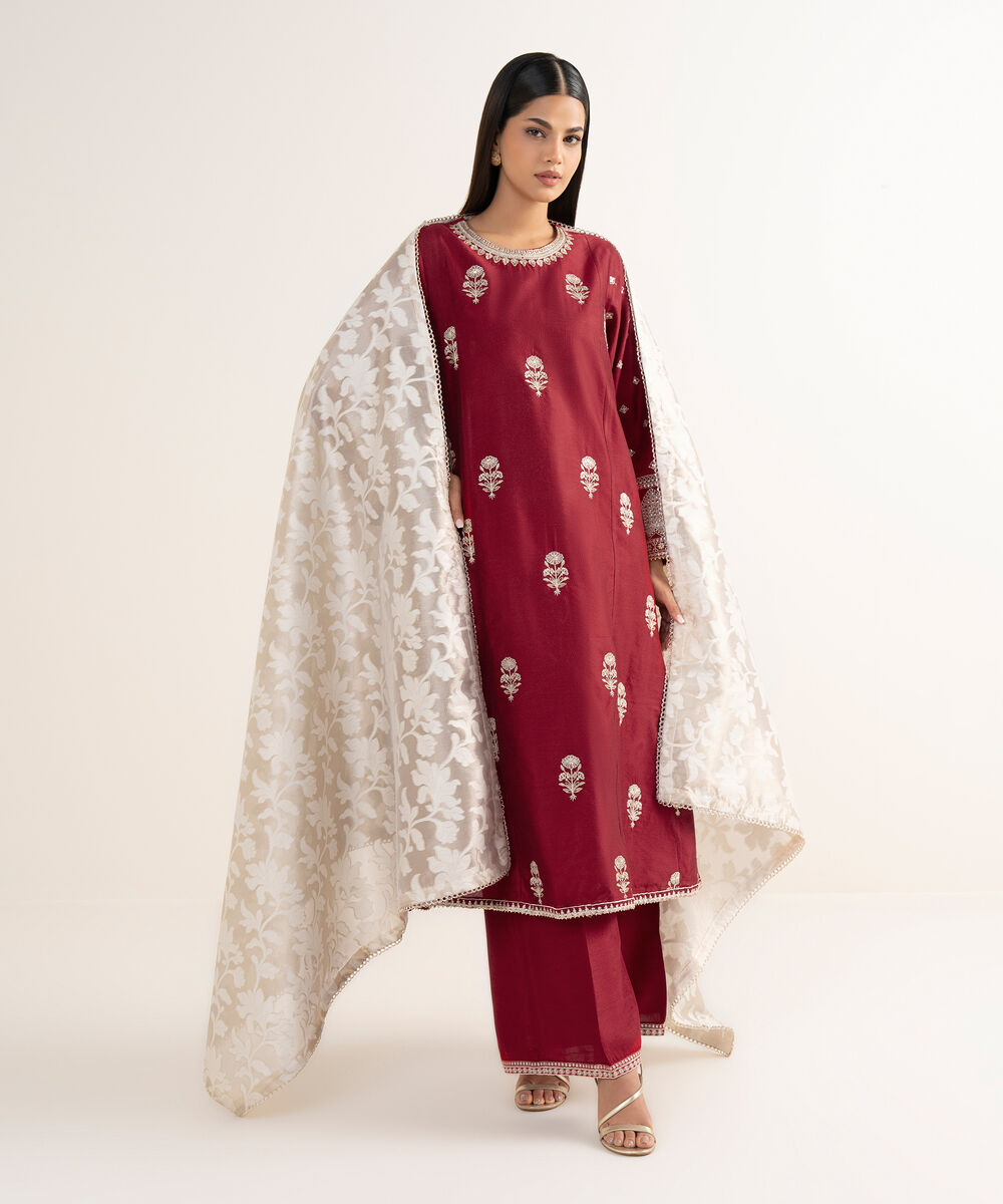 Women's RTW Silk Cotton Net Red Embroidered 3 Piece Suit