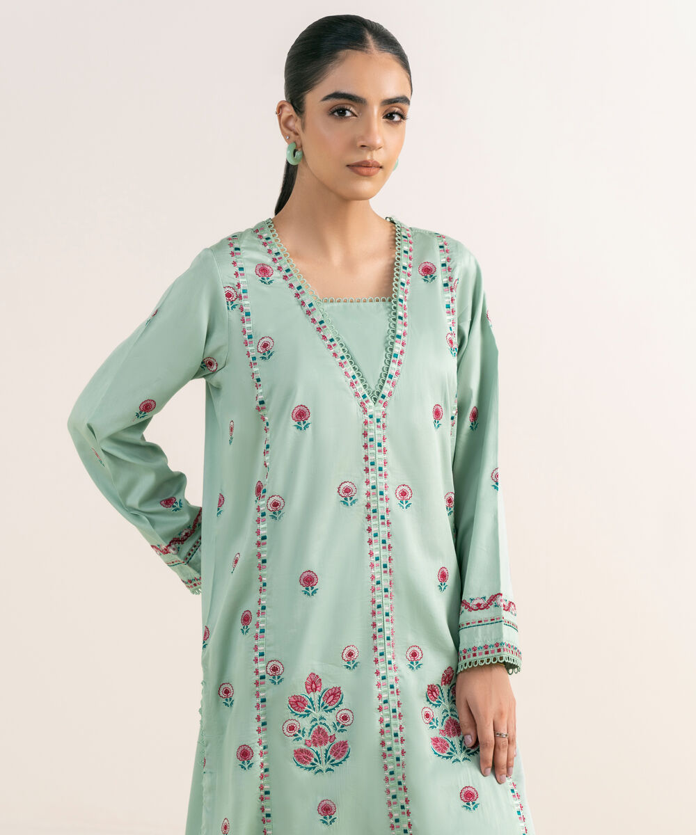 Women's RTW Cotton Satin Green Embroidered A-Line Shirt