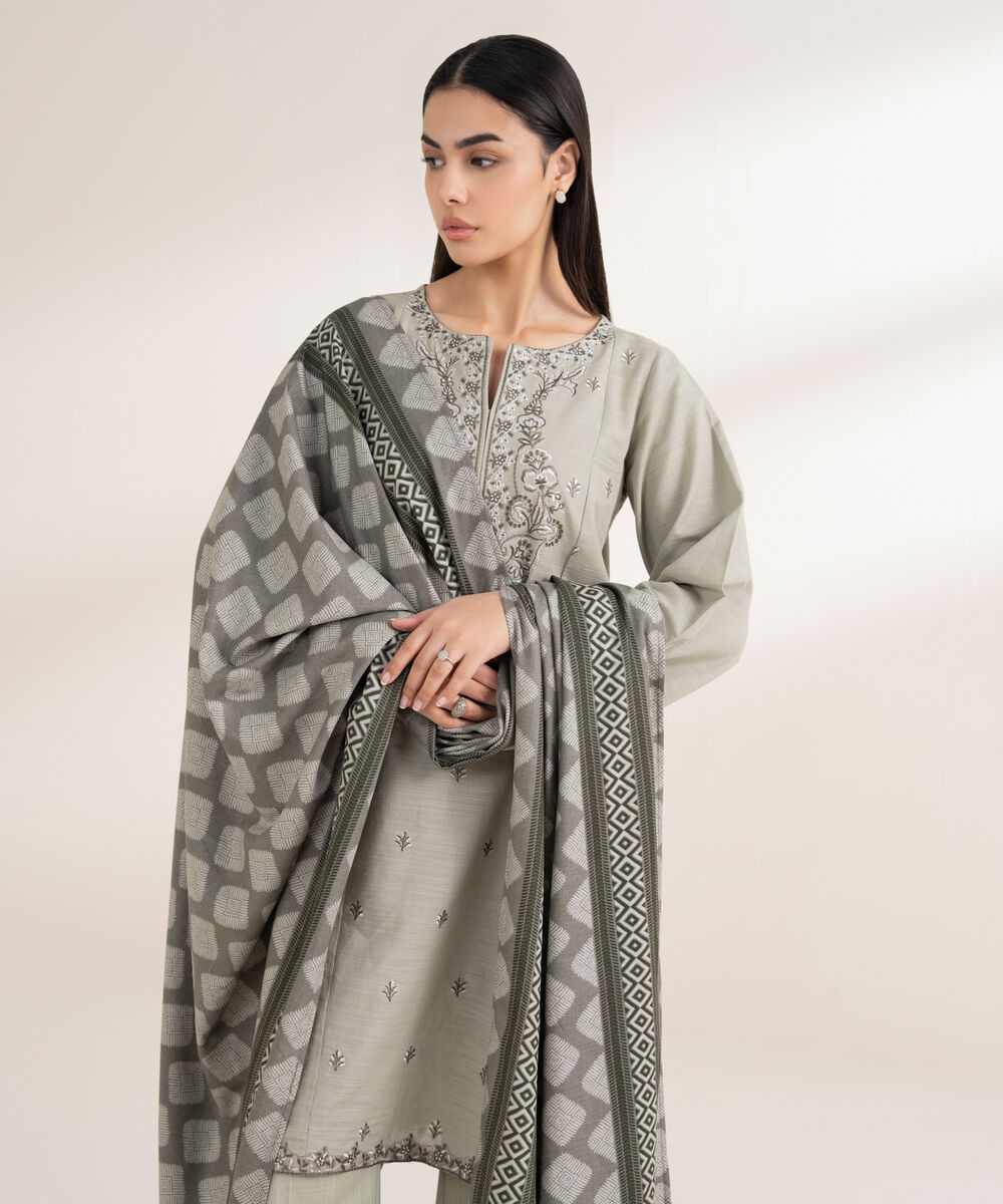 Women's RTW Khaddar Embroidered Grey 3 Piece Suit