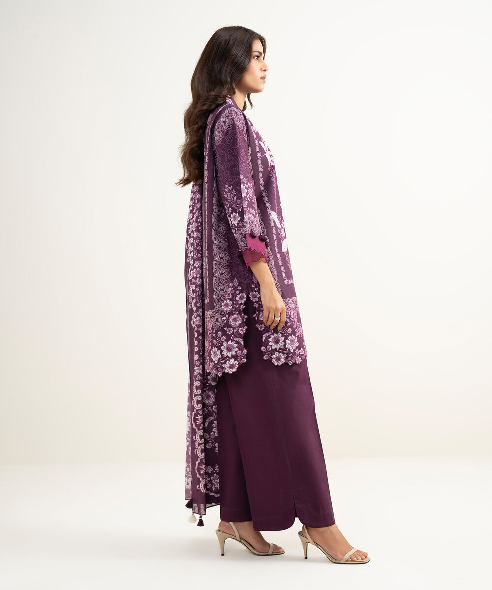 Women's Unstitched Lawn Printed Purple 3 Piece Suit
