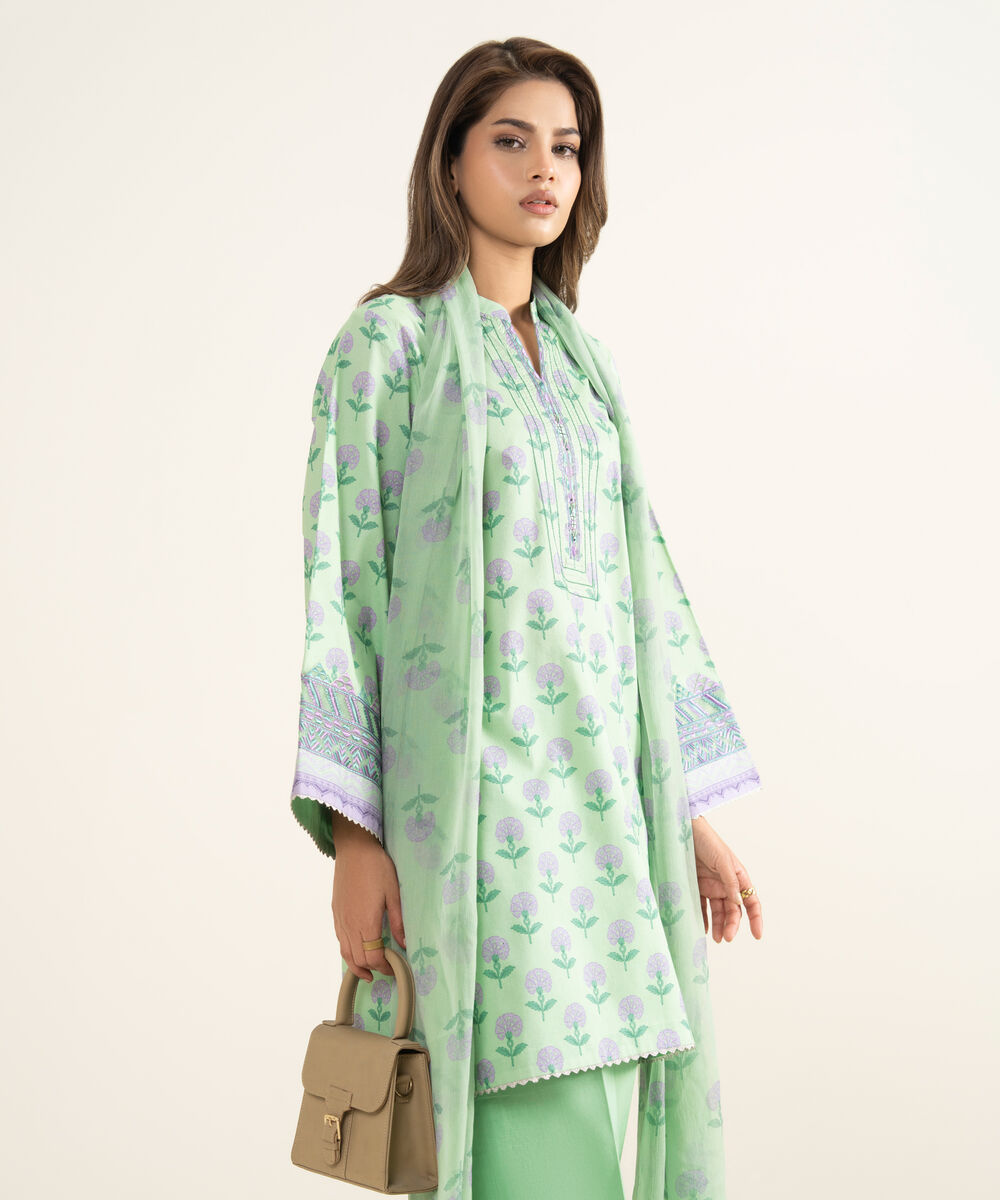 Women's Unstitched Lawn Embroidered Green 3 Piece Suit