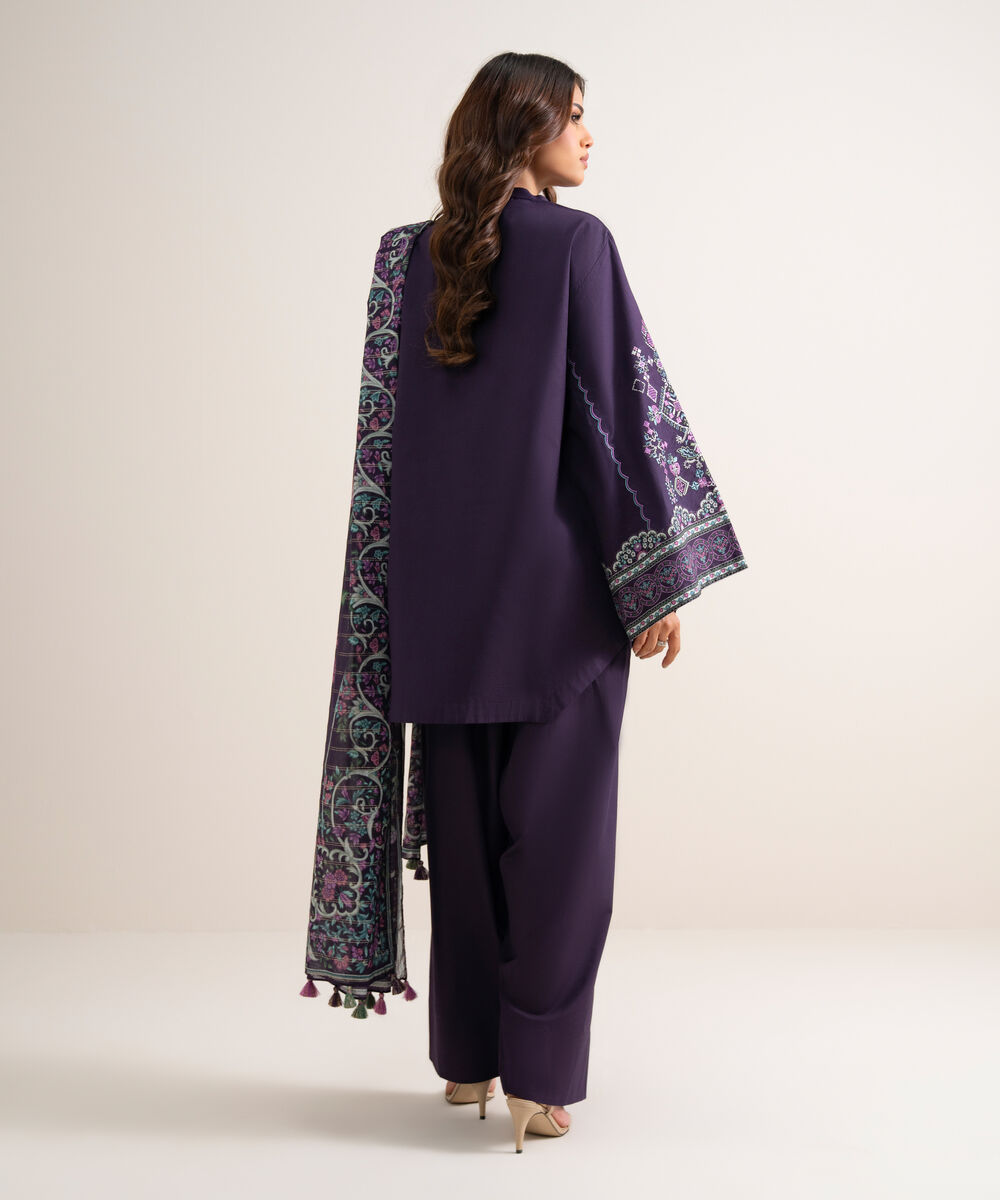 Women's Unstitched Embroidered Cotton Purple 3 Piece Suit