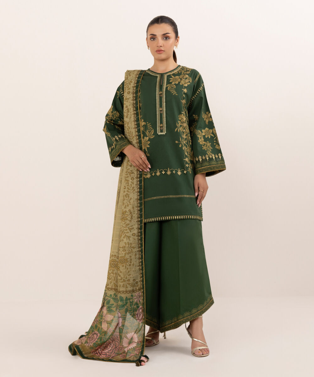 Women's Unstitched Lawn Embroidered Green Three Piece Suit