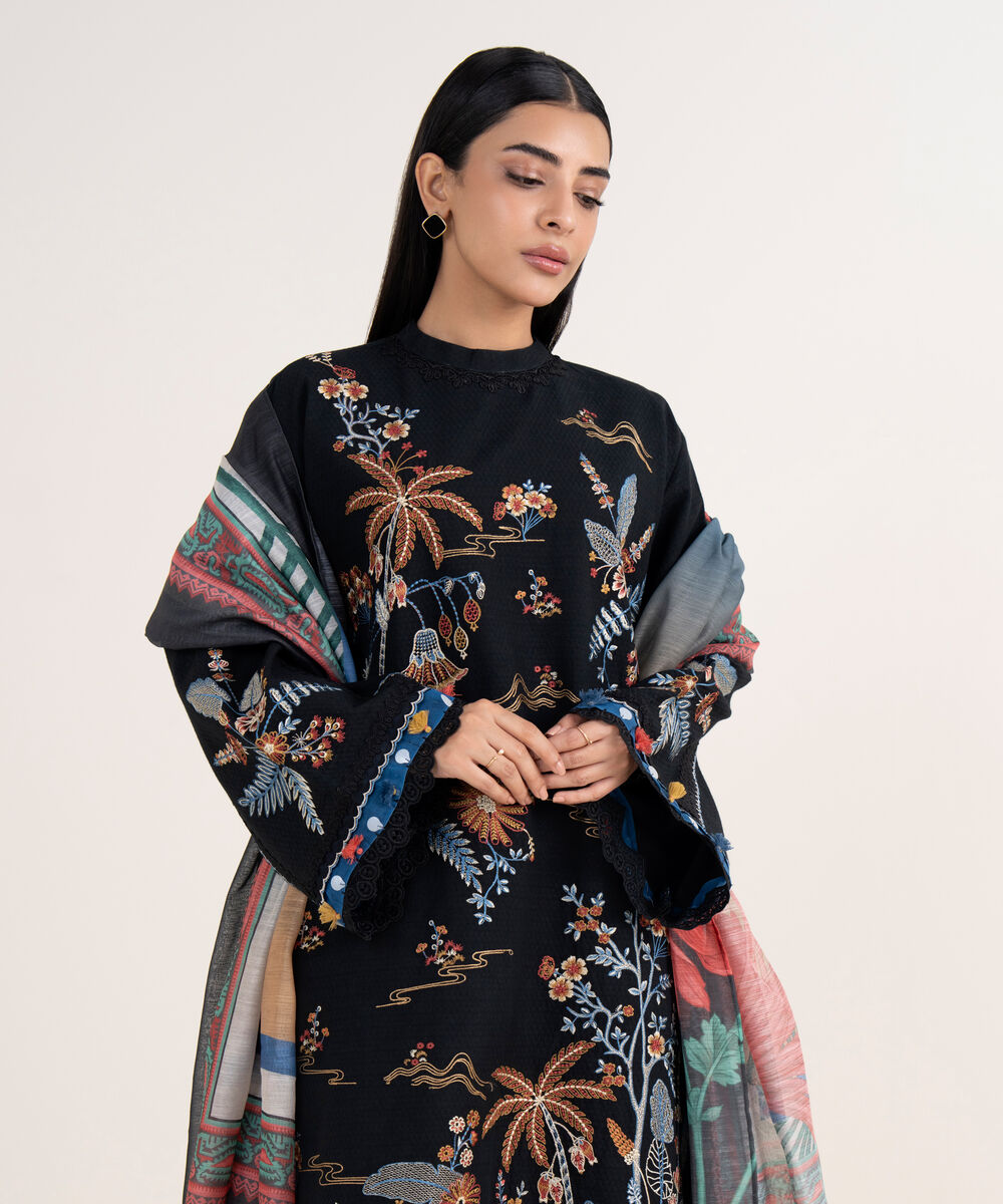 Women's Unstitched Dobby Embroidered Black 3 Piece Suit