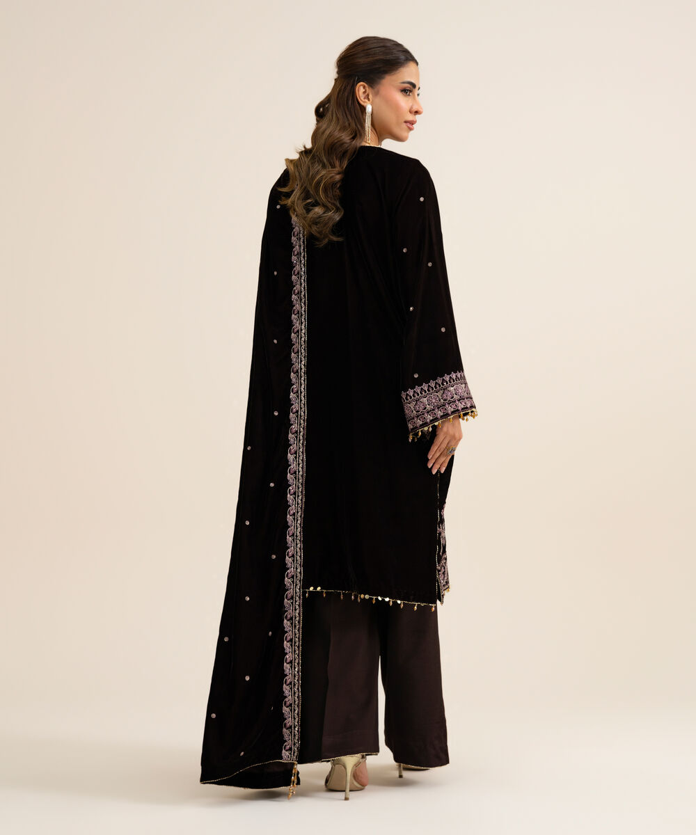 Women's Unstitched Velvet Embroidered Plum 3 Piece Suit