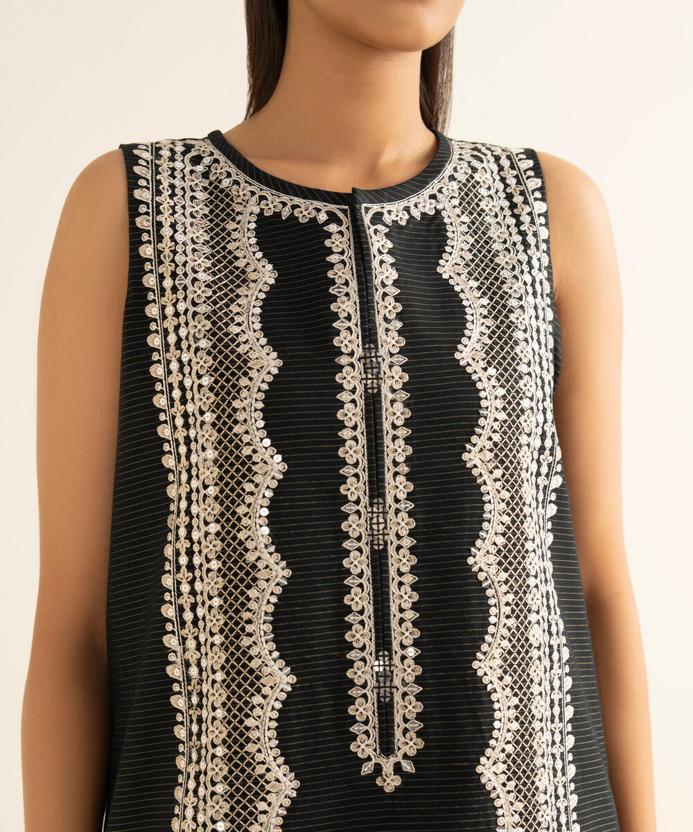 Women's Unstitched Cotton Embroidered Black 2 Piece Suit