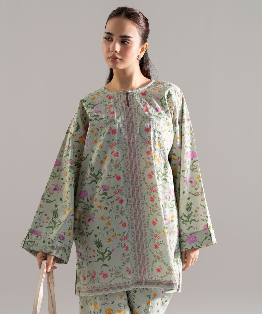 Women's RTW Seersucker Printed Green 2 Piece Suit