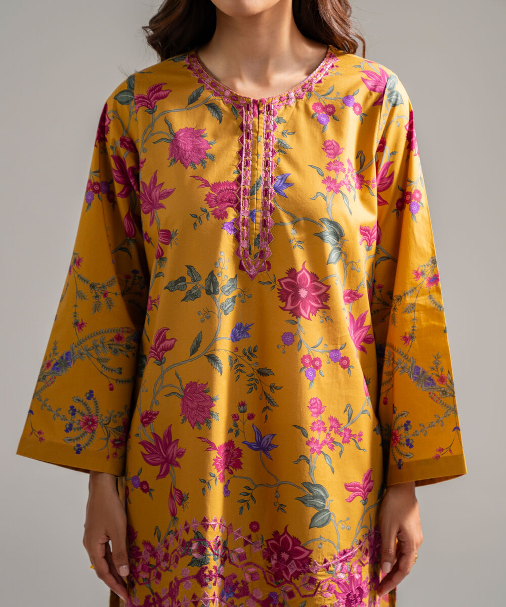 Women's RTW Cambric Embroidered Mustard Yellow 2 Piece Suit