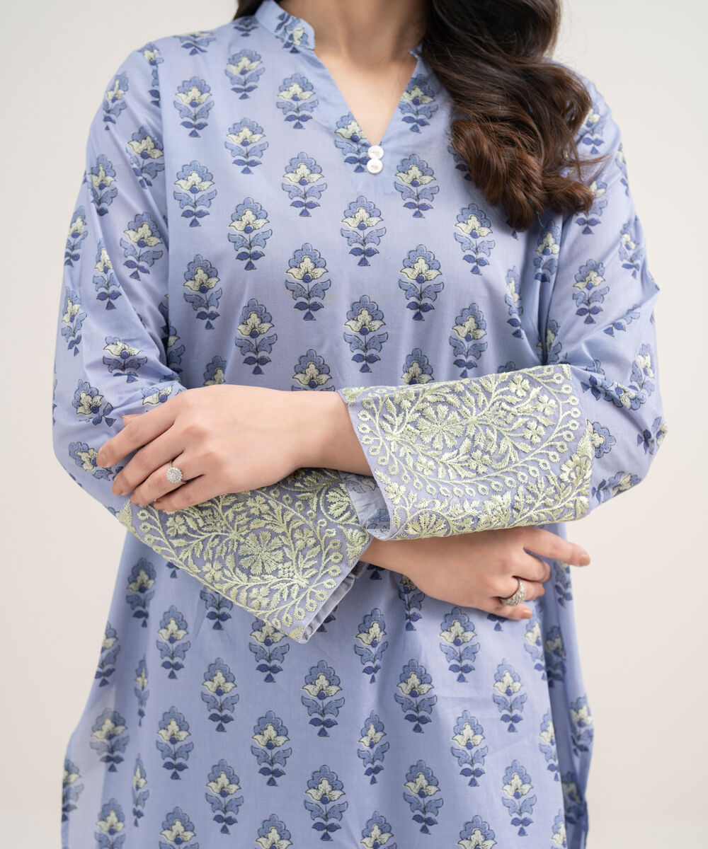 Women's RTW Lawn Embroidered Blue Straight Shirt