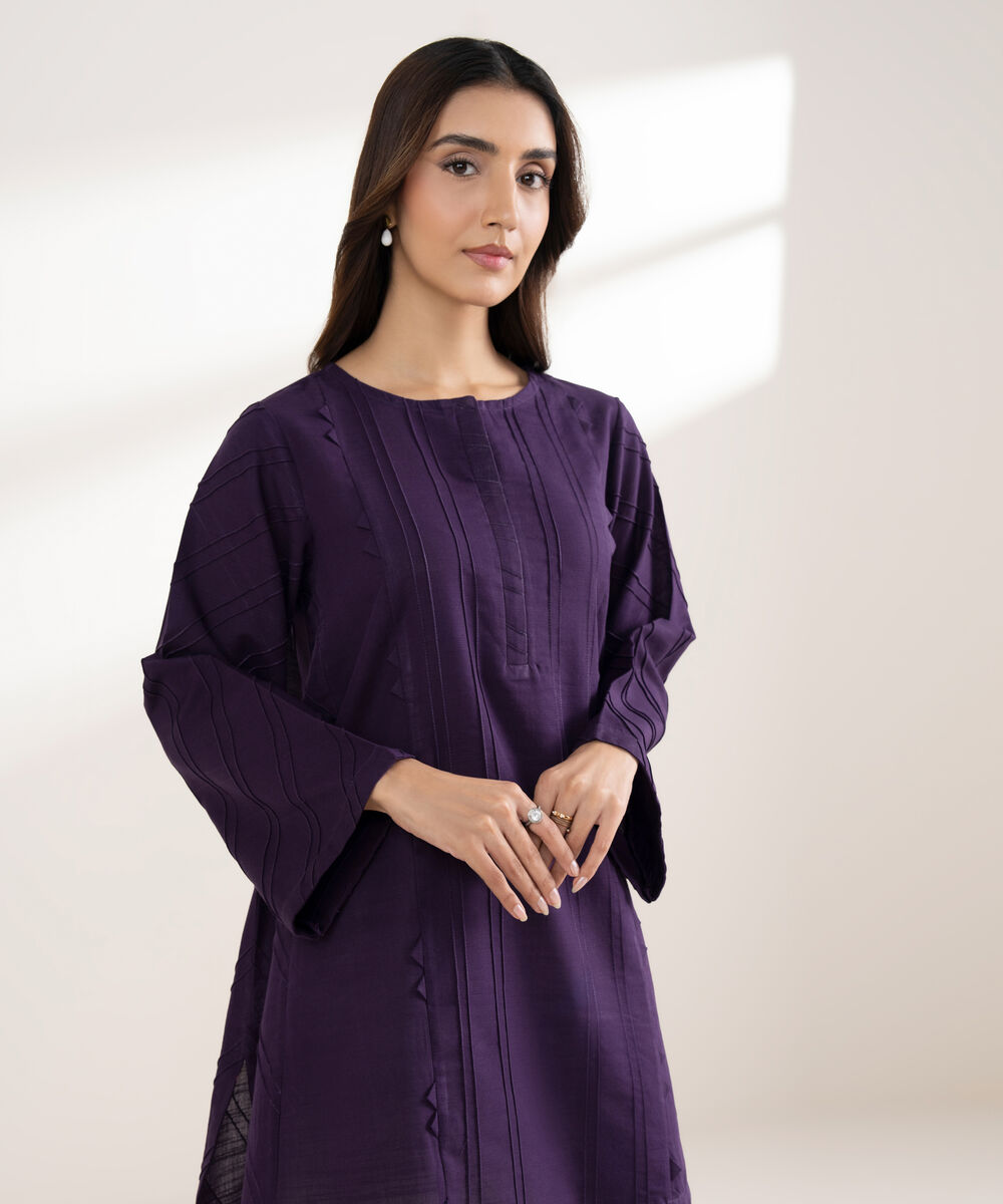 Women's RTW Khaddar Solid Straight Purple Shirt