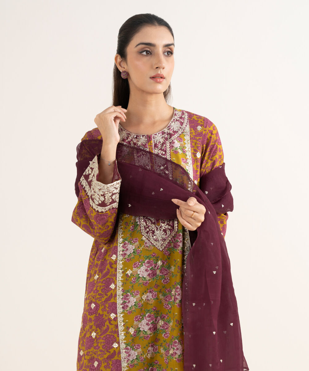 Women's RTW Textured Viscose Embroidered Mustard 3 Piece Suit