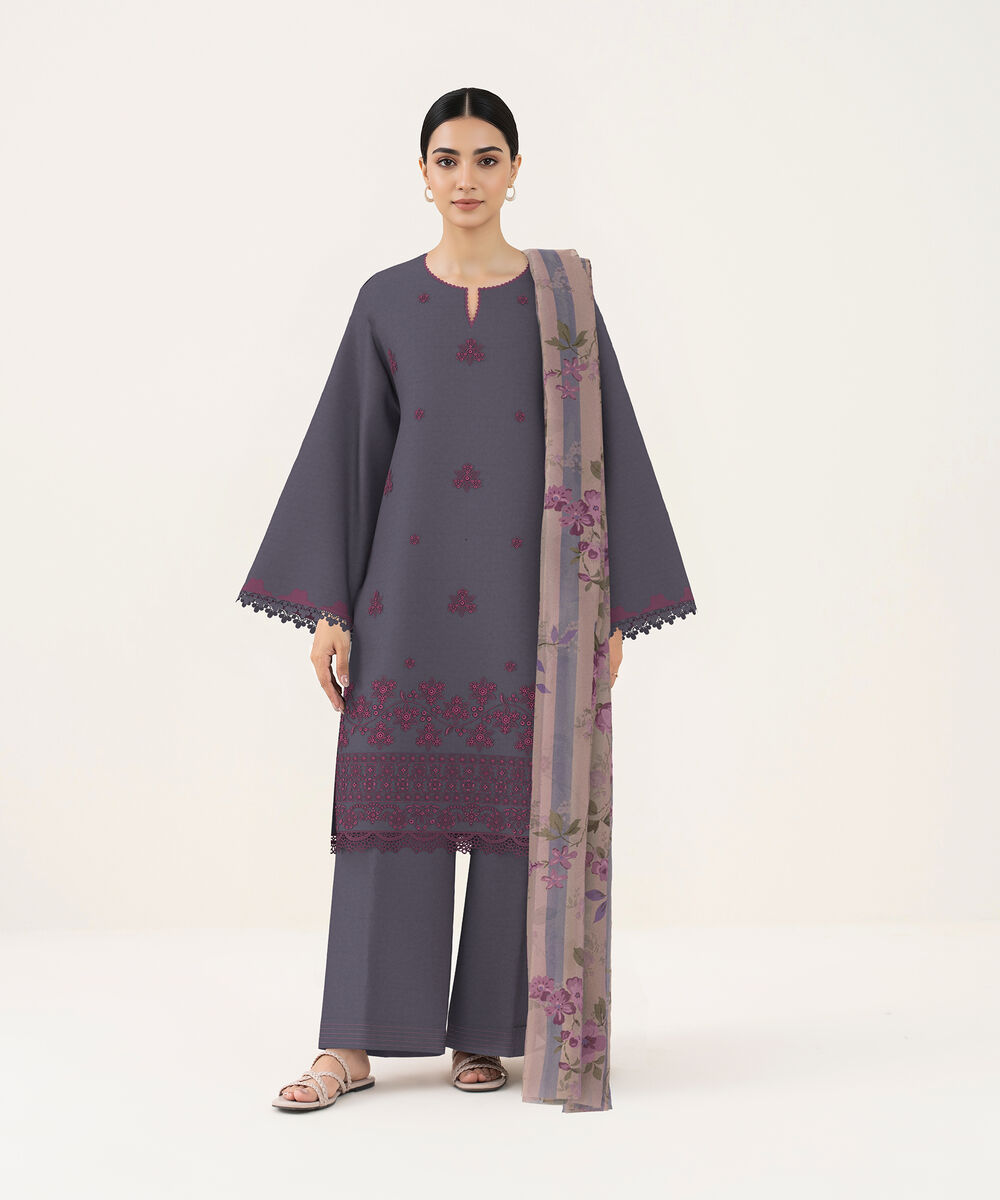 Women's Unstitched Self Jacquard Dark Grey Embroidered 3 Piece Suit