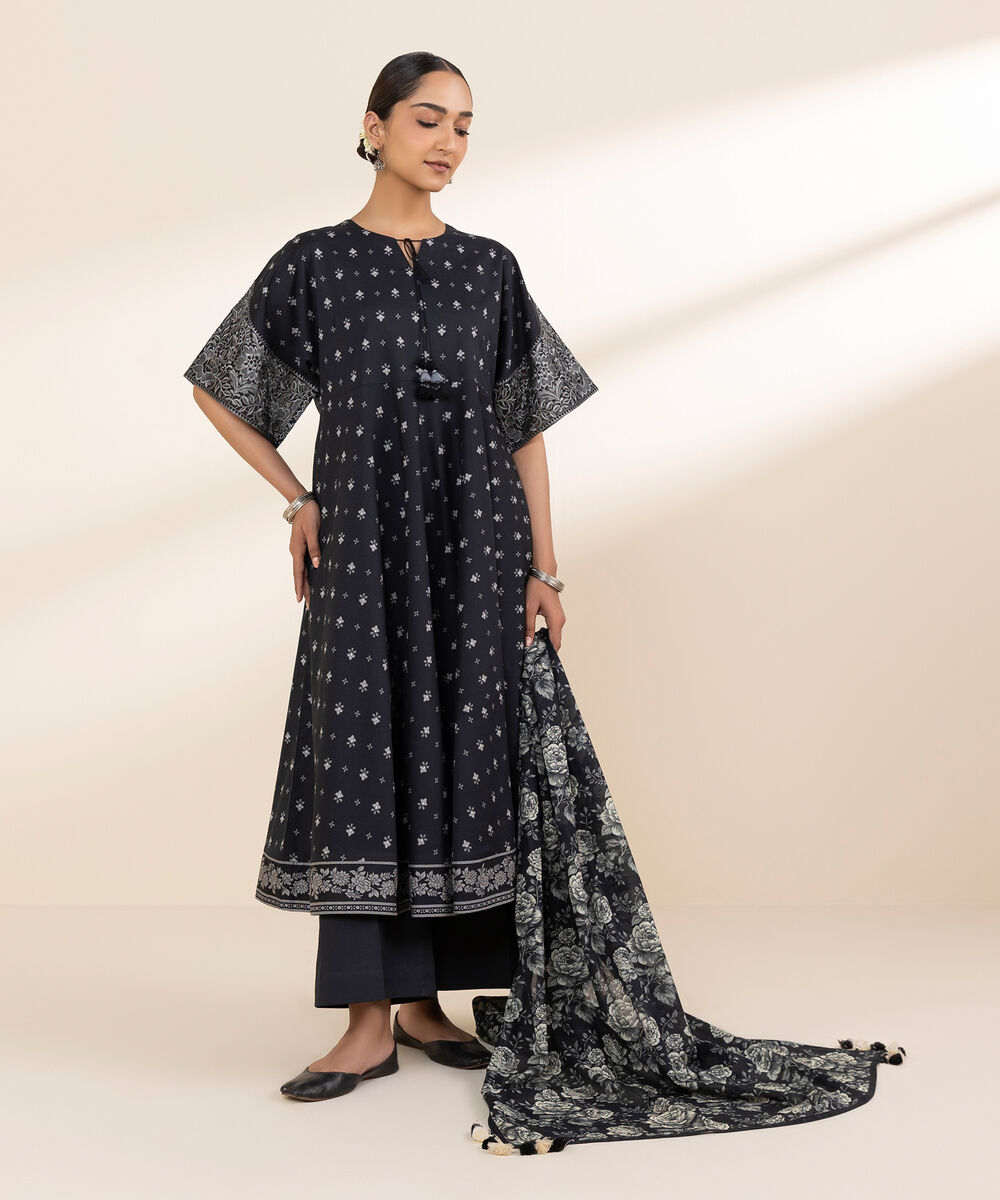 Women's Unstitched Lawn Embroidered Black 2 Piece Suit