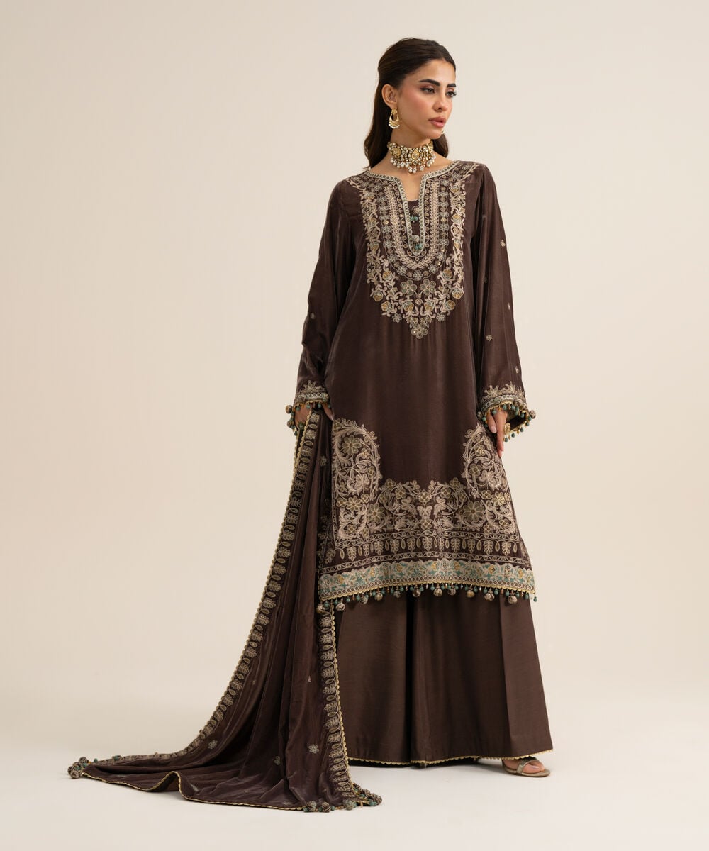 Women's Unstitched Velvet Embroidered Brown 3 Piece Suit