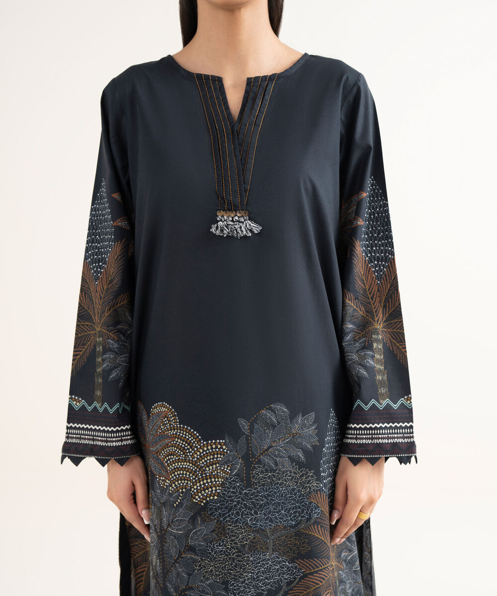 Women's RTW Cambric Printed Straight Black Shirt