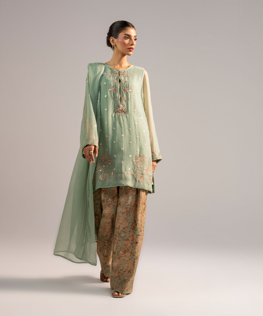 Women's RTW Chiffon Embroidered Green 3 Piece Suit